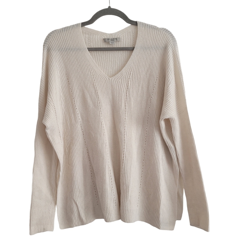 All Saints XS Cream Ribbed Knit Long Sleeve V-Neck Sweater Wool Alpaca Blend